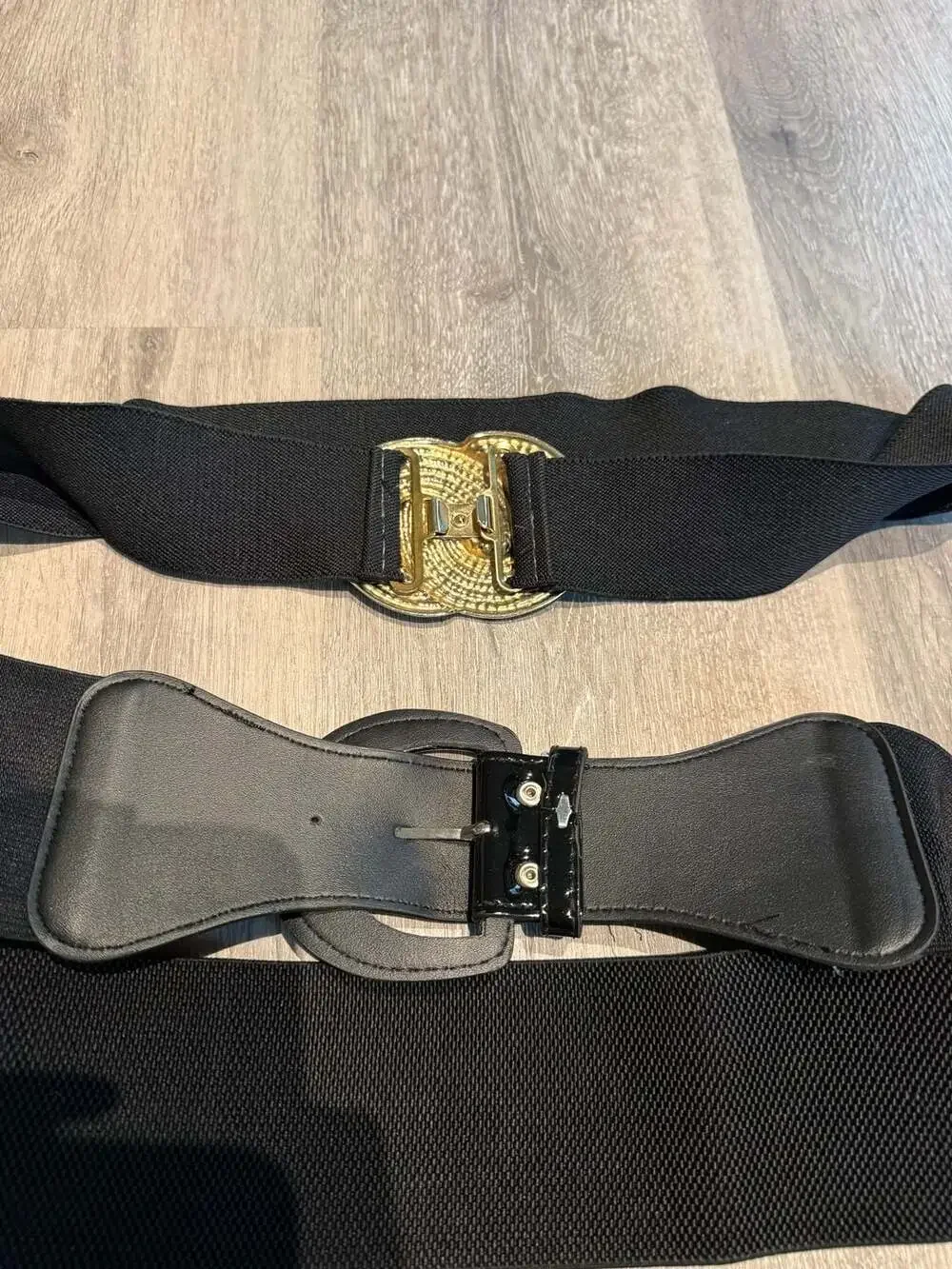 Set of 2 Women Black Elastic Stretch Waist Belts with Gold and Patent Buckles